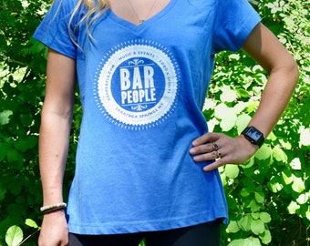 Bar People Saratoga Springs NY - Women's Short Sleeve V-Neck Tee - Blue