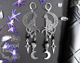 Silver Witch Moon Cat Earring with Labradorite Gemstone | Witchy Star Celestial Night Tarot Fantasy Fairycore Dark Cottagecore Whimsigoth