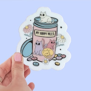My Happy Pills-sticker | Sticker geestelijke gezondheid| Zelfherstellende sticker| Sticker kattenliefhebber| Ontwerp pilfles| Spatwaterdichte sticker