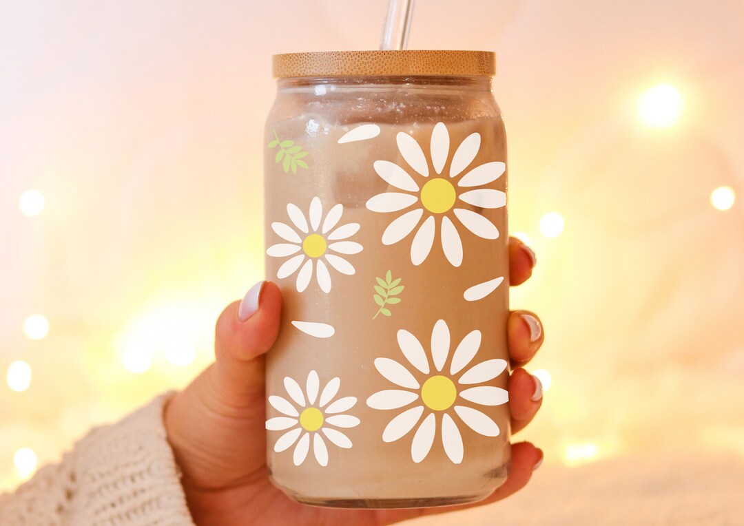 Daisy Libbey Cup With Glass Straw and Bamboo Lid Summer Vibes Drinking ...