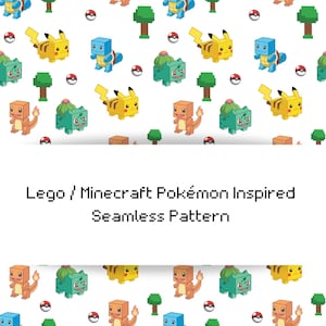 Op de afbeelding: Naadloos patroon met gepixelde Pokémon-personages, waaronder Pikachu, Bulbasaur, Charmander en Squirtle, samen met Poké Balls en bomen op een witte achtergrond. De tekst luidt "Lego / Minecraft Pokémon Inspired Seamless Pattern".