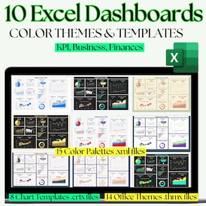 May include: A digital display shows a collection of Excel dashboards with various color themes and templates. The screen displays charts and graphs related to KPI, business, and finances. The image includes the text "10 Excel Dashboards" and "15 Color Palettes.xml files."