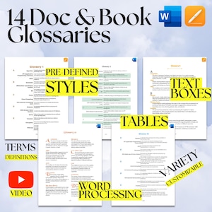 Puede incluir: Un collage de imágenes que muestra 14 glosarios diferentes para documentos y libros. Los glosarios están predefinidos con varios estilos, incluyendo tablas, cuadros de texto y una variedad de opciones personalizables. La imagen también incluye el texto "TERMS DEFINITIONS VIDEO WORD PROCESSING" y un icono de botón de reproducción.