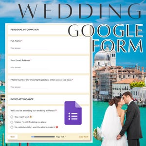 Op de afbeelding: Een digitale Google Formulier sjabloon voor een bruiloft met velden voor persoonlijke informatie en evenementdeelname. Het formulier bevat een achtergrondafbeelding van Venetië, Italië, en een kussend stel.