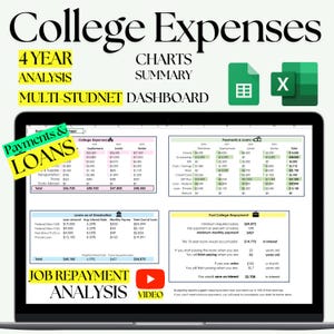 May include: A laptop screen displaying a spreadsheet with a title "College Expenses" and a chart showing the cost of college expenses over four years. The spreadsheet also includes a section on "Payments & Loans" and "Job Repayment Analysis".