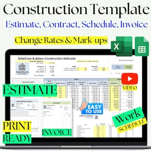 May include: A computer screen displaying a spreadsheet with the title "SolidCore Builders Construction Estimate". The spreadsheet includes columns for labour, materials, and revenue. The screen also includes a green button with the text "ESTIMATE" and a green button with the text "PRINT READY".
