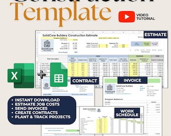 May include: A digital construction template set featuring an Excel and Google Sheets icon, including documents labeled Estimate, Contract, Invoice, and Work Schedule. Text includes Construction Template, Video Tutorial, and project management features.