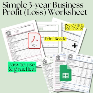 May include: A printable worksheet for tracking business profit and loss over three years. The worksheet is divided into sections for income and expenses, with columns for each year. The worksheet is labeled "Simple 3-year Business Profit (Loss) Worksheet" and includes the text "Print Ready", "easy to use & practical", and "Income & Expenses".