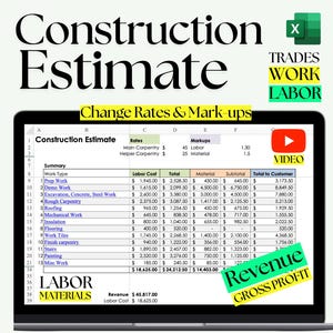 Peut inclure: Un écran d'ordinateur portable affiche une feuille de calcul d'estimation de construction. Le document comprend des sections pour la main-d'œuvre, les matériaux et les totaux, avec le titre "Construction Estimate" en haut. L'écran affiche également les mots "Trades Work Labor" et "Revenue Gross Profit".