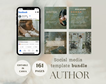 May include: A social media template bundle for authors, featuring 161 editable pages in Canva. The bundle includes a variety of templates for Facebook, Instagram, and other social media platforms. The templates are designed to help authors promote their books, connect with readers, and build their brand.