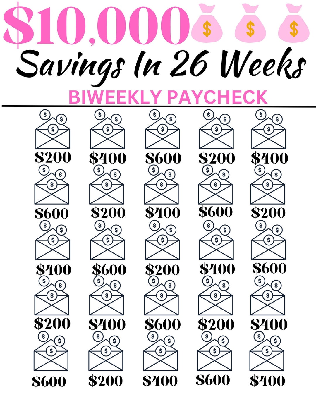 BIWEEKLY SAVINGS 10 000 In 26 Weeks Etsy
