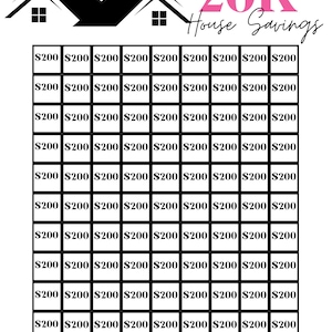 May include: A black and white illustration of a house with the text "20K House Savings" above a grid of 108 squares, each containing the text "$200".