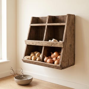 May include: A wall-mounted wooden storage bin featuring four open compartments arranged in two tiers. The unit is constructed from weathered brown wood with visible grain. The lower left section holds potatoes, while the lower right holds onions.