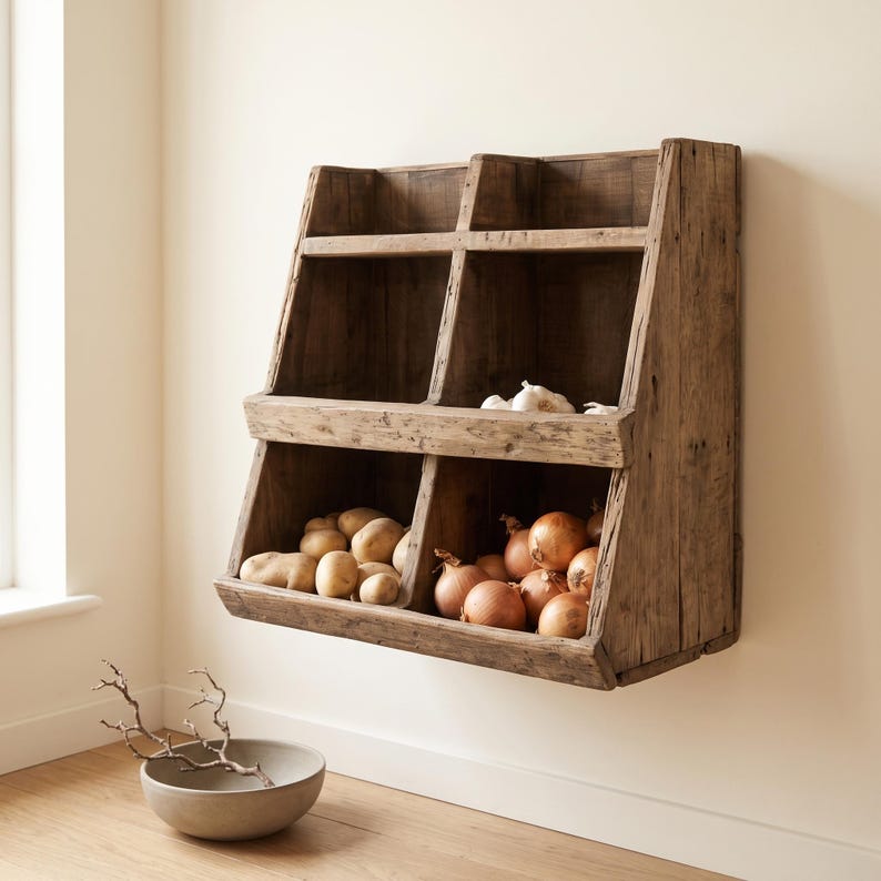 May include: A wall-mounted wooden storage bin featuring four open compartments arranged in two tiers. The unit is constructed from weathered brown wood with visible grain. The lower left section holds potatoes, while the lower right holds onions.