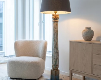 Antique wooden floor lamp with turquoise patina | Weathered solid wood iron base and linen shade | Wabi Sabi coastal unique piece | Vintage floor lamp