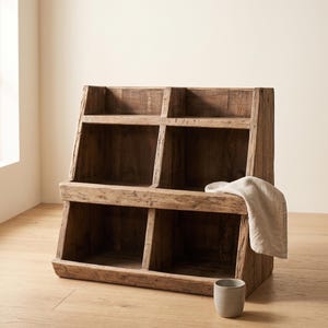 May include: A rustic wooden storage unit featuring four open compartments arranged in two tiers. The structure is crafted from weathered brown wood with visible grain. A light-colored fabric cloth is draped over the side, and a small gray cup sits.
