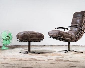 Fotel wypoczynkowy ze skóry bawolej w kolorze espresso | Fotel obrotowy ze skóry naturalnej, wykonany na zamówienie | Designerski fotel skórzany w stylu industrialnym | Ręcznie wykonany, ekskluzywny, jedyny w swoim rodzaju egzemplarz