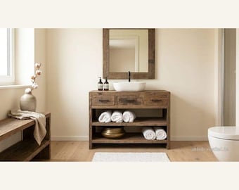 Rustic reclaimed wood vanity unit · Solid wood washbasin cabinet · Country-style bathroom furniture · 110 cm · 2 drawers & 2 shelves