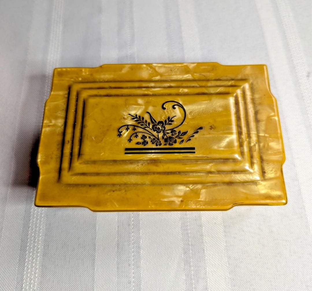 Pyralin Box Vintage Yellow 1930s Art Deco Dupont Pyralin Covered Celluloid Jewelry ...