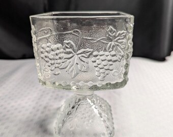 Vintage Indiana Glass Clear Square Candy Dish Footed Pedestal Grape Vine