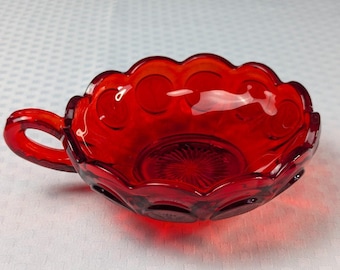 Vintage Fostoria Ruby Red Coin Glass Handled Nappy Dish