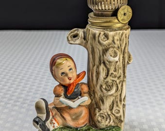 Vintage Hummel Style Girl and Book Oil Lamp - Japan