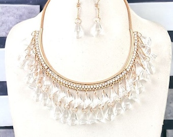 Crystal Gem Dangle Bib Necklace Set
