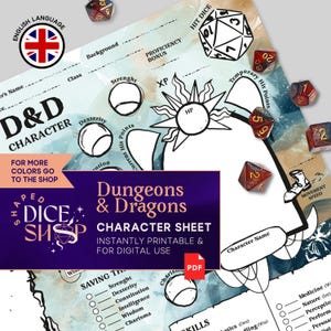 May include: A printable Dungeons & Dragons character sheet with a blue and white watercolor background. The sheet includes spaces for character name, class, race, background, ability scores, saving throws, skills, and more. The sheet also includes a dragon illustration and dice.