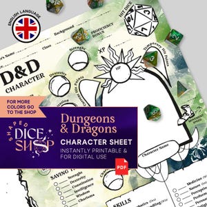 May include: A Dungeons & Dragons character sheet printable for digital use. The sheet is designed with a watercolor background and features a dragon illustration. The sheet includes sections for character name, class, race, background, ability scores, saving throws, skills, and more.