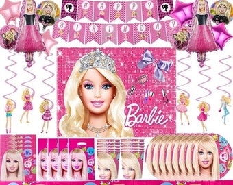 BARBIE Birthday Party Disposable Plates,Cups,Napkins,Tablecloth,Party Banner Party Tableware