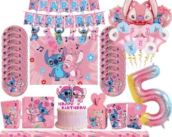 Vaisselle de fête d'anniversaire Lilo & Stitch rose assiettes/tasses/serviettes de table/nappe/articles de fête d'enfants