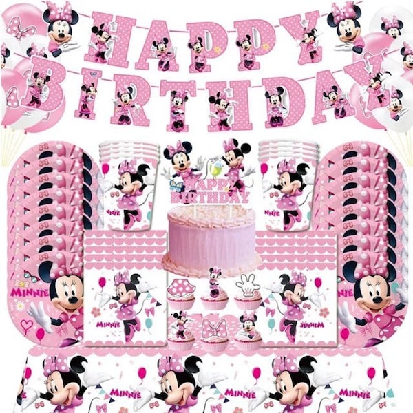MINNIE MOUSE Birthday Party Disposable Plates,Cups,Napkins,Tablecloth,Party Banner Party Tableware
