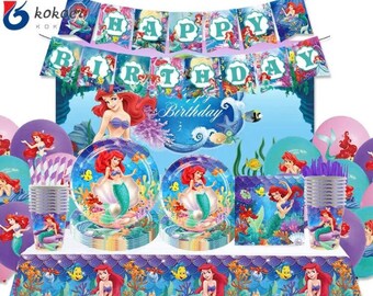 La petite sirène Ariel pour fête d'anniversaire assiettes jetables, tasses, serviettes de table, nappe, bannière de fête vaisselle de fête