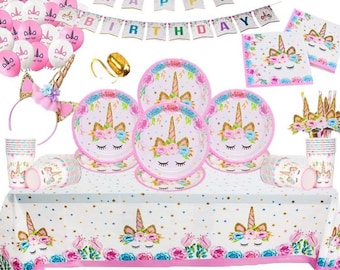 Licorne fête d'anniversaire assiettes jetables, tasses, serviettes, nappe, bannière de fête vaisselle de fête sur le thème des licornes