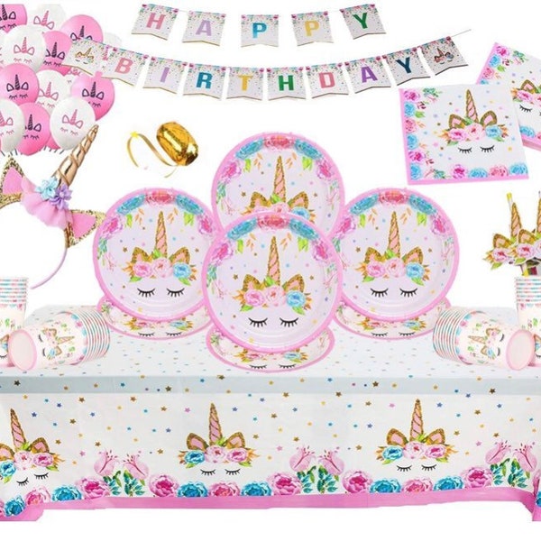 Unicorn Birthday Party Disposable Plates,Cups,Napkins,Tablecloth,Party Banner Party Tableware Unicorns Themed