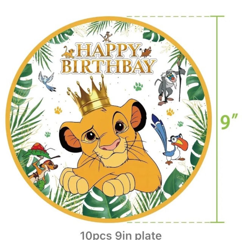 Vaisselle de fête d'anniversaire du roi lion Simba Jungle Sarfari Articles de fête/décoration pour enfants 9 Inch Plates x 10