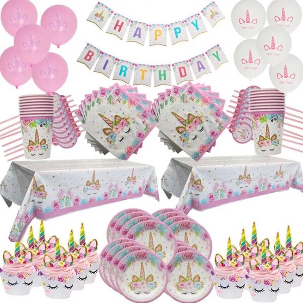 Unicorn Birthday Party Set Tablecloth,Plates,Cups,Napkins,Cake Wrappers & Toppers/Unicorn Party Supplies