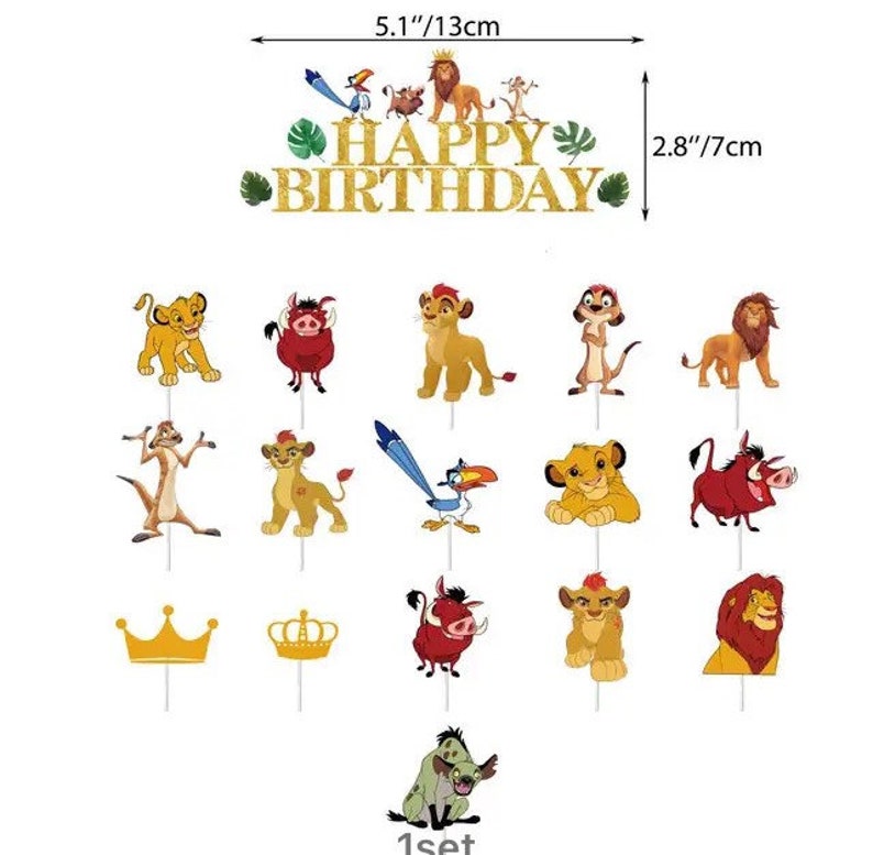Vaisselle de fête d'anniversaire du roi lion Simba Jungle Sarfari Articles de fête/décoration pour enfants Cake Toppers x 17