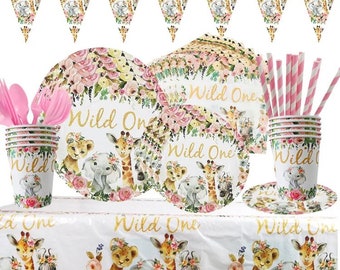 Assiettes jetables Pink Wild One pour fête d'anniversaire, tasses, serviettes de table, nappe, bannière de fête vaisselle de fête/articles de fête