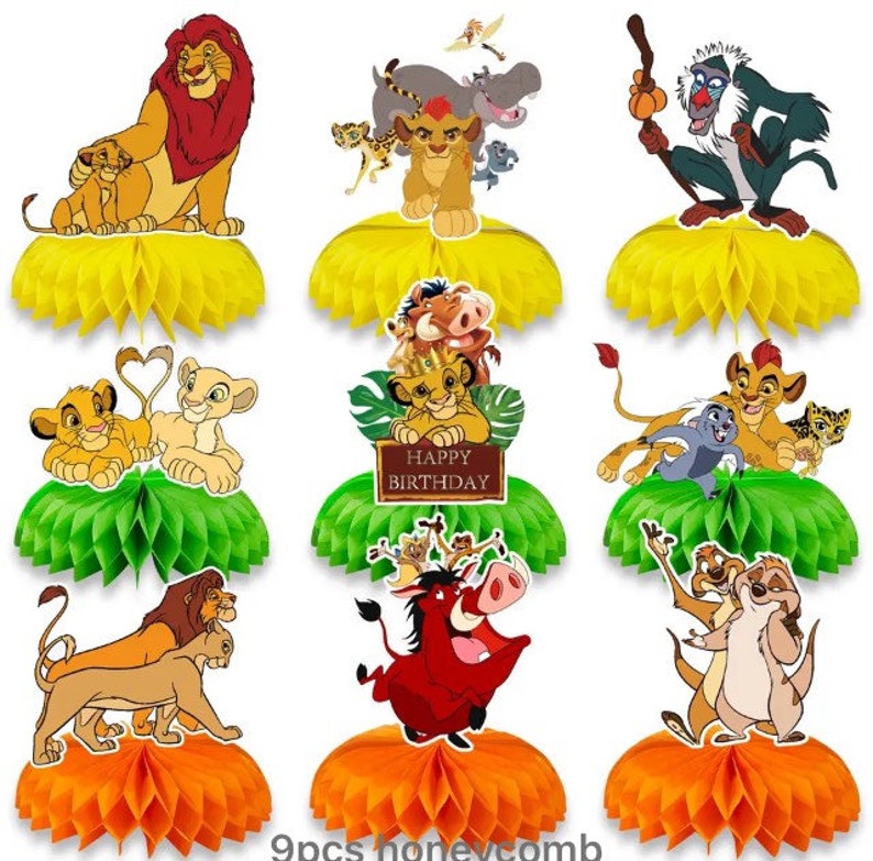 Vaisselle de fête d'anniversaire du roi lion Simba Jungle Sarfari Articles de fête/décoration pour enfants Centerpieces x 9