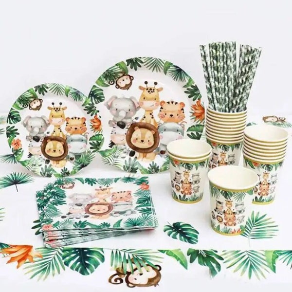 Sarfari/Animaux/Jungle 61 pièces de vaisselle de fête d'anniversaire/Articles de fête sur le thème des animaux/Serviettes de table/Tasses/Assiettes
