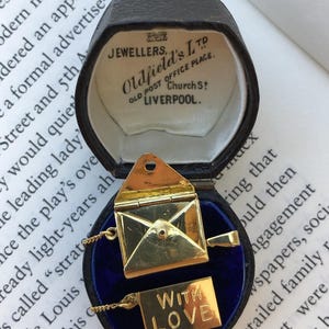 Vintage Mid-20th Century 18k Yellow Gold & Blue Sapphire Love Letter/Envelope/Telegram Locket/Charm/Pendant, "With Love," c.1940s to 1960s