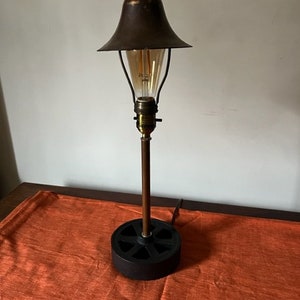 Table industrial lamp, accent lamp, bedside lamp, rustic, farmhouse, distinct repurposed vintage brass shade I was told was once a bell.