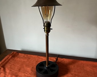 Table industrial lamp, accent lamp, bedside lamp, rustic, farmhouse, distinct repurposed vintage brass shade I was told was once a bell.