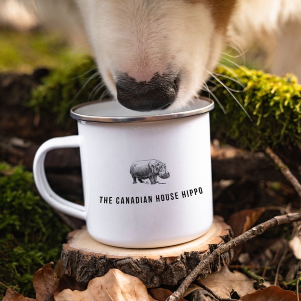 Canadian House Hippo Double Sided Camping Enamel Mug, Canada, Canadian Culture, Camping, Hiking, Cute Mug, Hippopotamus, animal mug