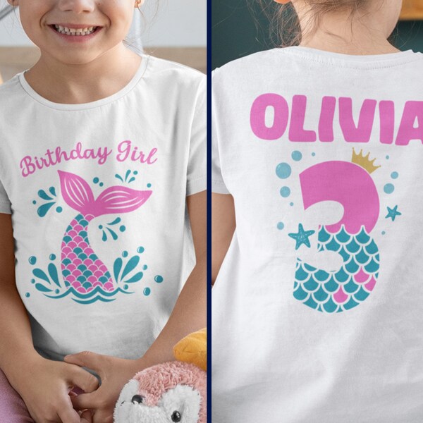 Birthday Girl Mermaid-Themed T-Shirt, Personalized Name and Age Tee, Custom Siren Birthday Party Outfit TShirt, Custom B-day Swimming Girls