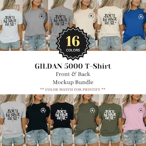 May include: A Gildan 5000 t-shirt mockup bundle featuring sixteen different colours of short-sleeve shirts. Each shirt displays a small logo on the front left chest and a large graphic on the back with the text YOUR DESIGN HERE.