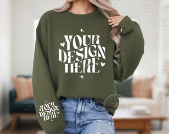 Gildan 18000 Military Green Sweatshirt Mockup | G18000 Crewneck Front & Sleeve View