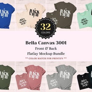 Op de afbeelding: Een Bella Canvas 3001 flatlay mockup bundel met meerdere t-shirts in 32 kleuren. Elke set toont een vooraanzicht met de tekst YOUR DESIGN HERE en een achteraanzicht met de tekst BACK VIEW. De lay-out bevat blauwe, crème, bruine, mint, olijf, mauve, grijze en zwarte t-shirts.