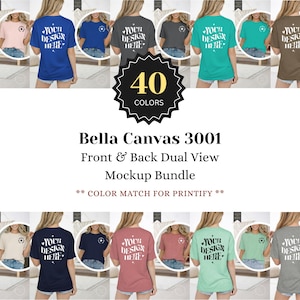 May include: A Bella Canvas 3001 t-shirt mockup bundle featuring front and back views in 40 colours. Each shirt displays the text YOUR DESIGN HERE in a wavy font with heart accents. The collection includes various solid colours for apparel design.